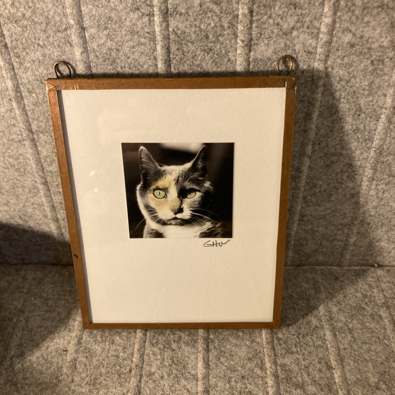 Calico Cat Portrait Soddered Copper Frame Photograph Miniature Artsy Tom Cat