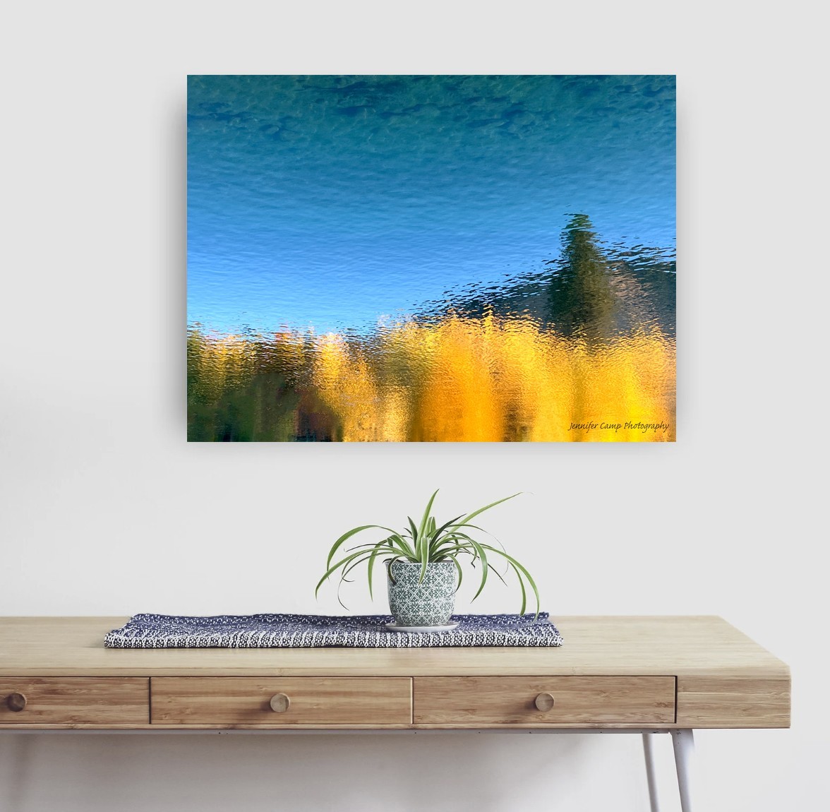 Water Blue Yellow Gold Autumn Fall Tree Reflection Abstract Art Photograph Print