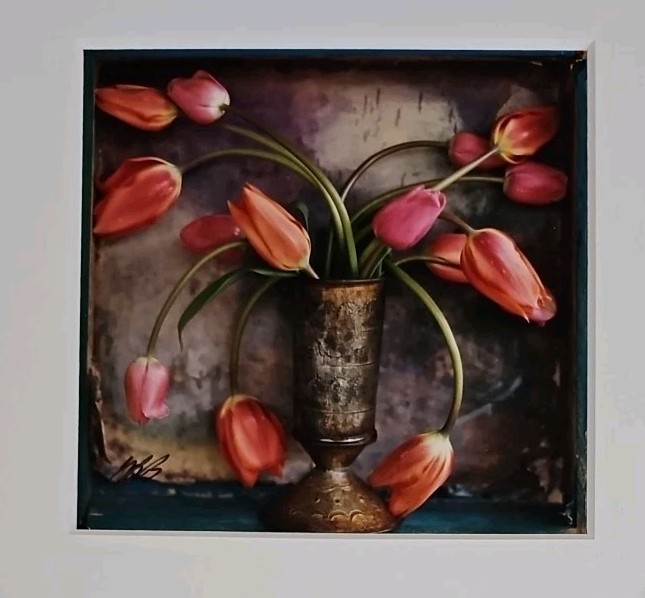 Gordon Bruno Art Photograph Pink Tulips in Metal Vase Hand Signed Matted 11×14″