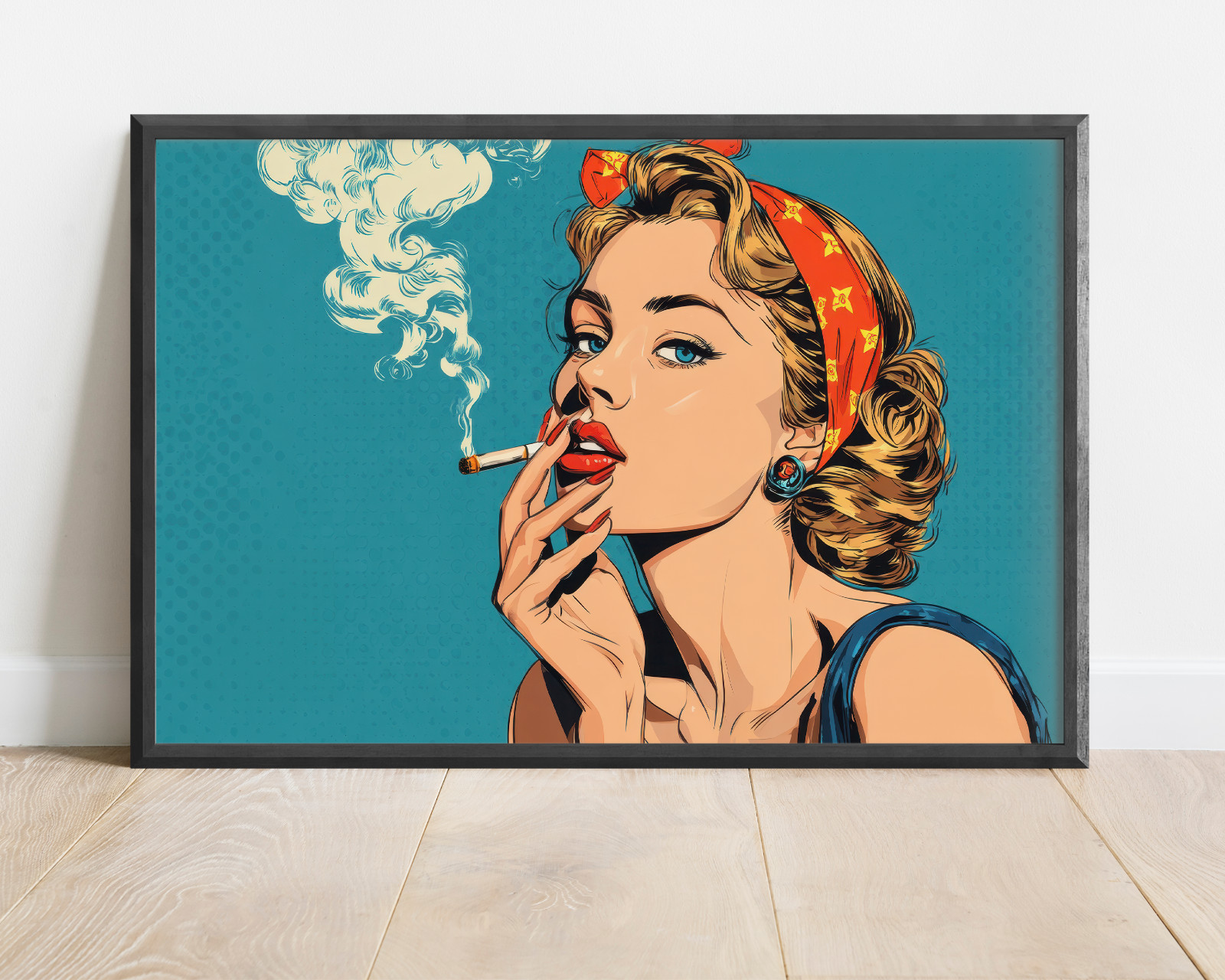 Retro Pop Art Woman Smoking, Vintage Comic Print, Stylish Red Lipstick Painting
