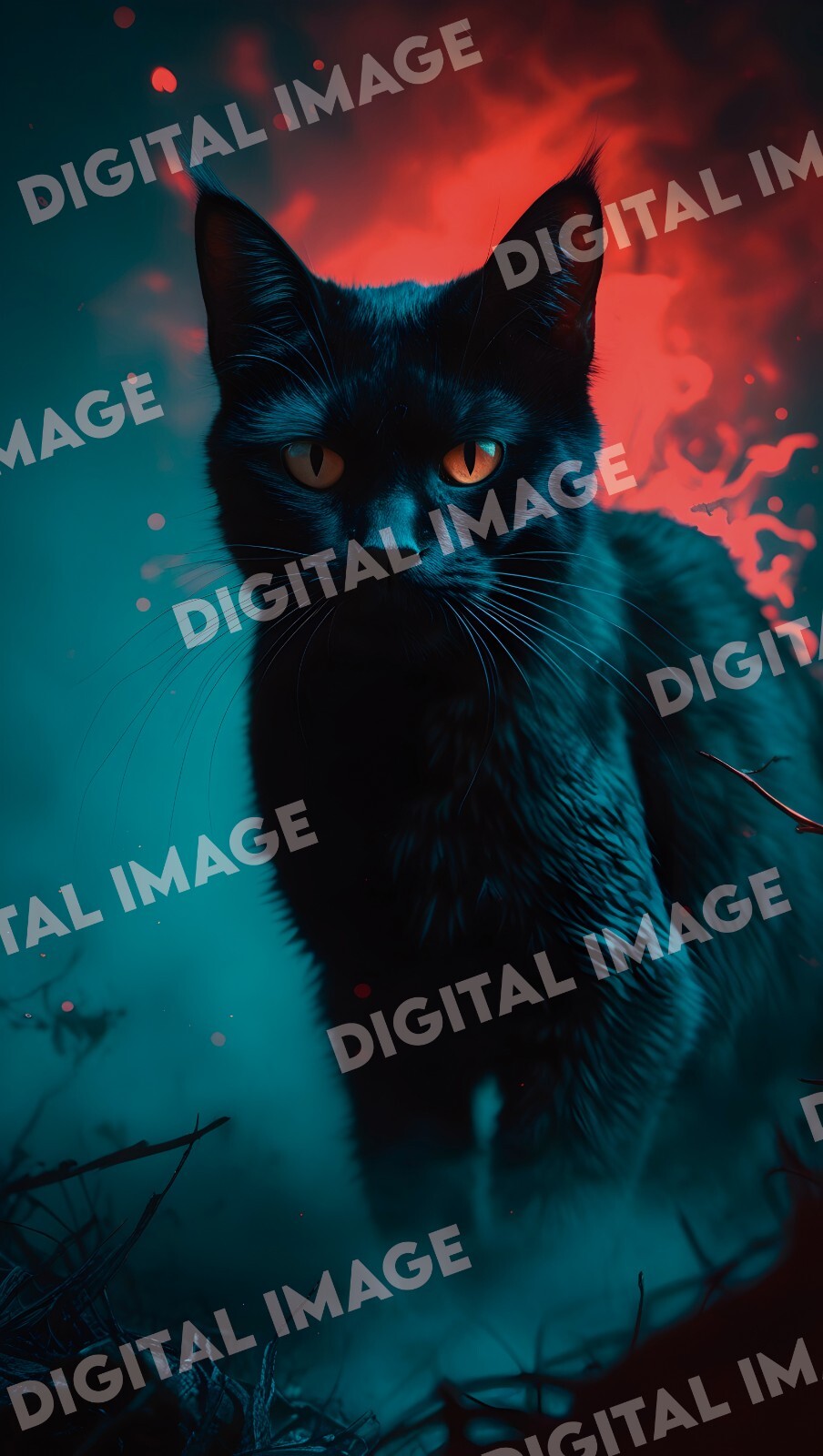 Digital Black Cat Art, Dark Fantasy Junglecore, Cinematic Mystical Feline Print
