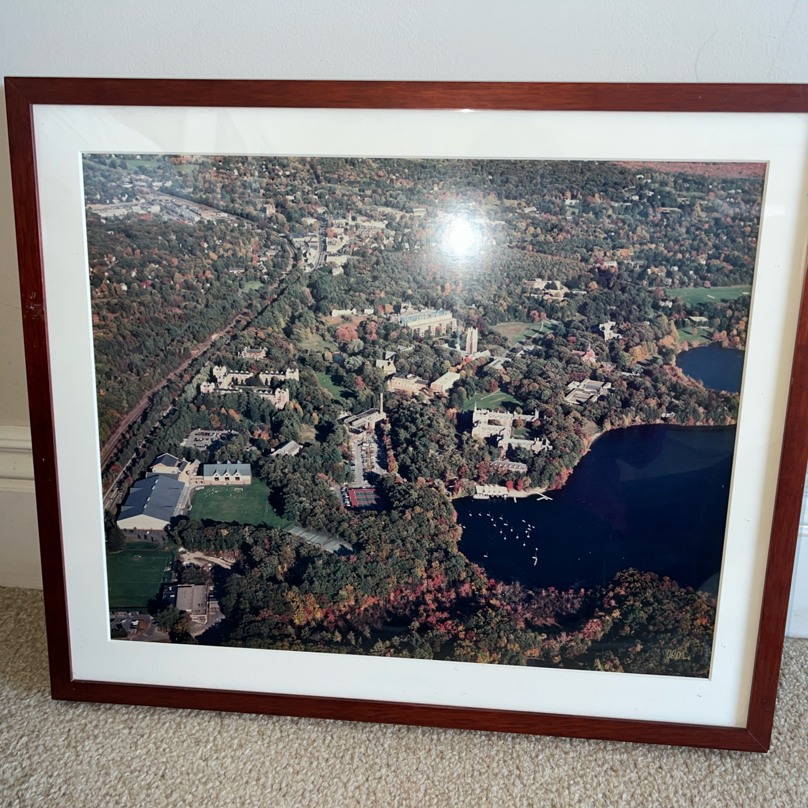 Vintage large JRM framed aerial photo WELLESLEY COLLEGE Wellesley MA Lake Waban