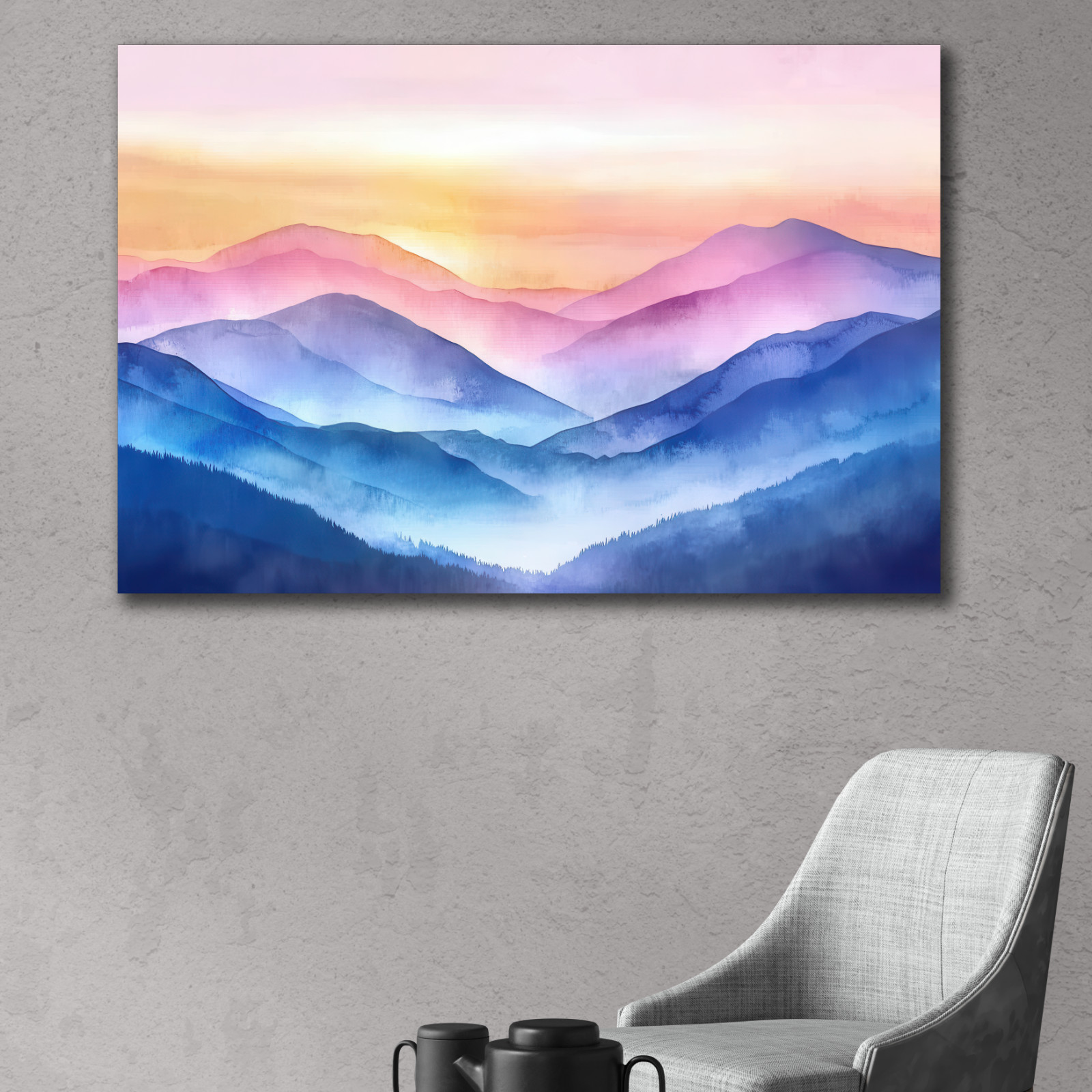 Blue Ridge Mountains Watercolor Painting, Landscape Nature Print, Sunset Blue