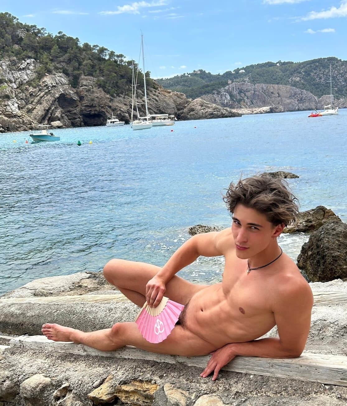 [B991] Handsome Male Cute Model Showing Off Body And Muscles On Beach Water