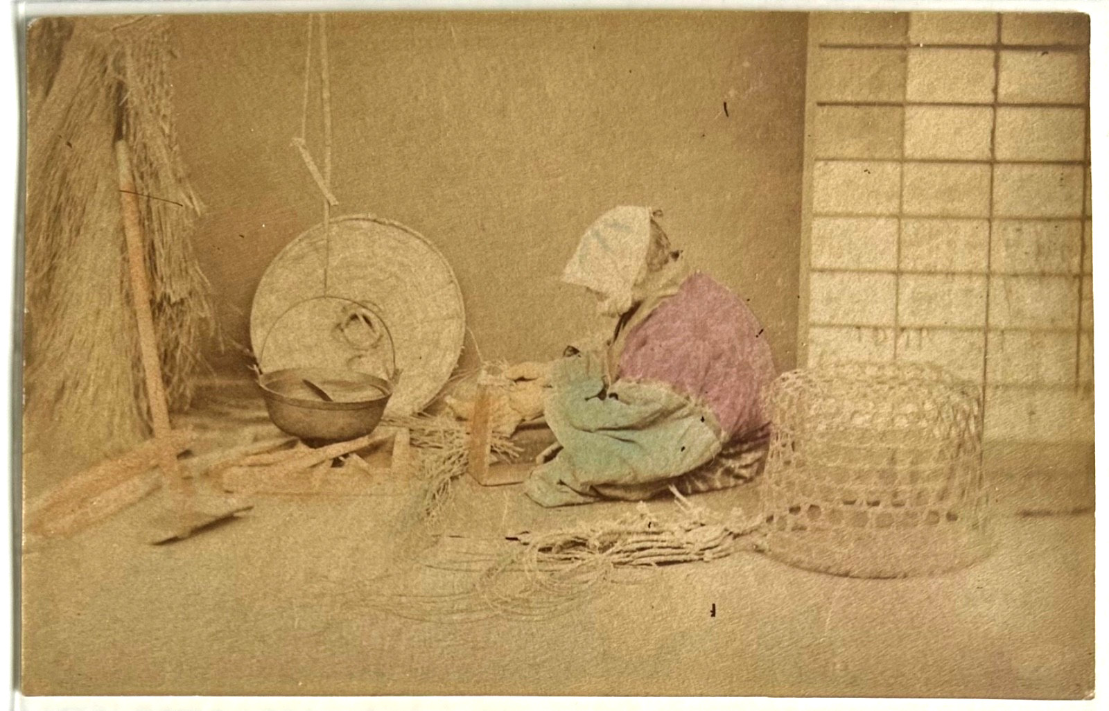 Antique Japanese Hand Colored Album Photo 3x Daily Life Scenes Meiji Era c1880