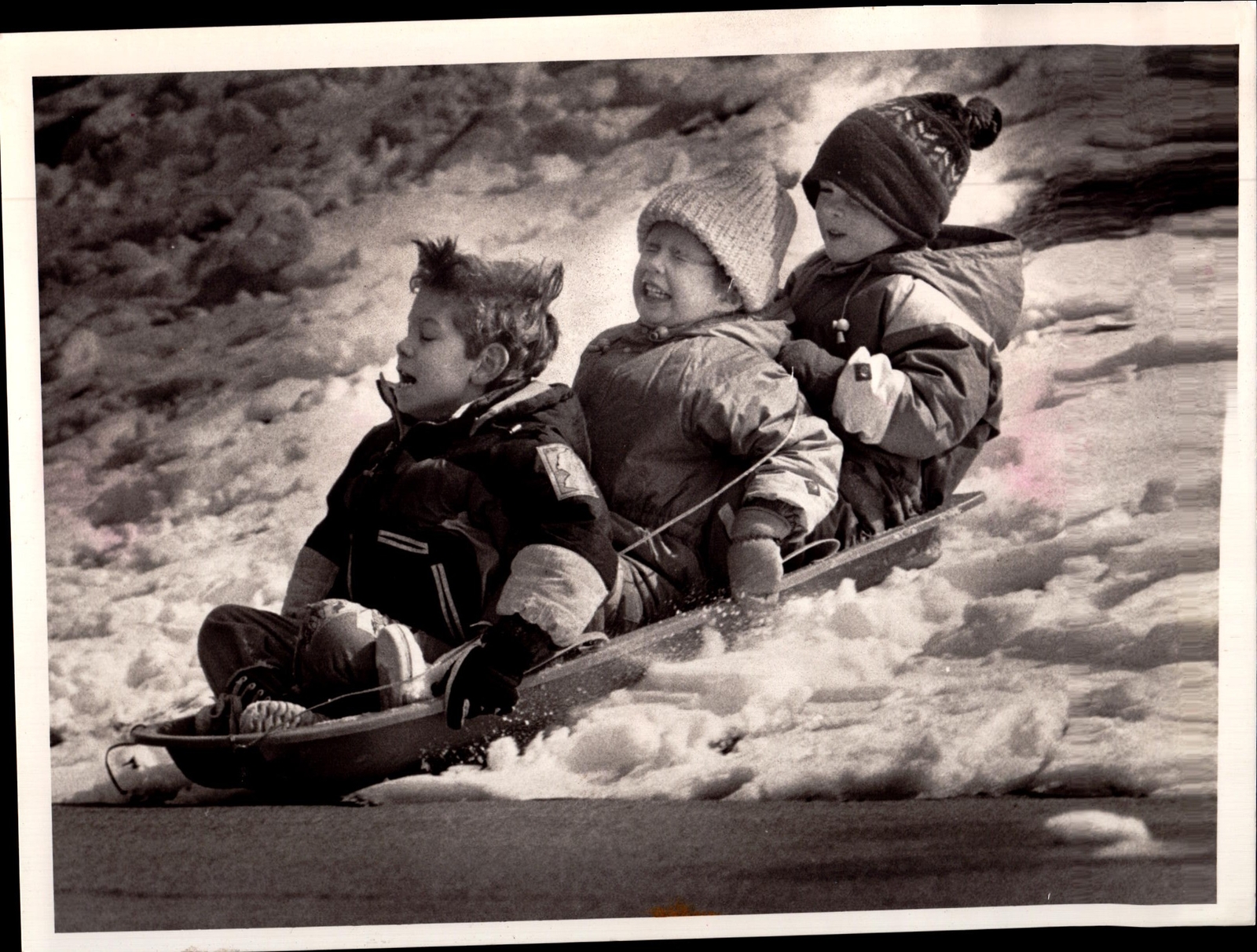 Vintage Press Photograph Children Sledding in Snow Winter Fun Adventure 1960s
