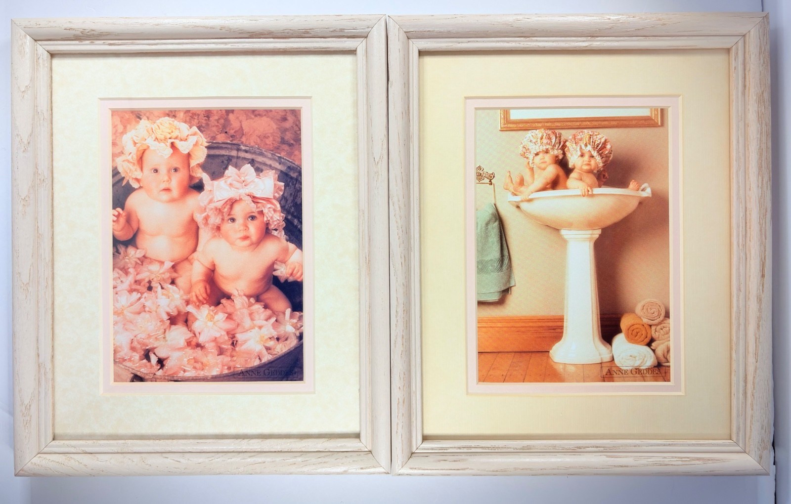 2 VTG Framed & Matted Baby Pictures, Baby Room/Bath ~ 8×10’s ~Anne Geddes Prints