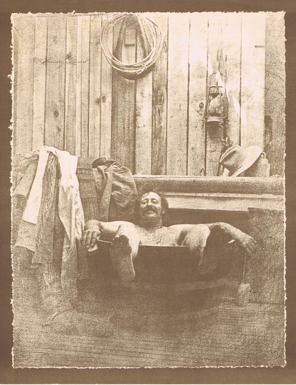 NEWLY FOUND! HENDRICKSON B&W SEPIA PHOTO PRINT Cowboy in a Tub 11″ X 14″ Western
