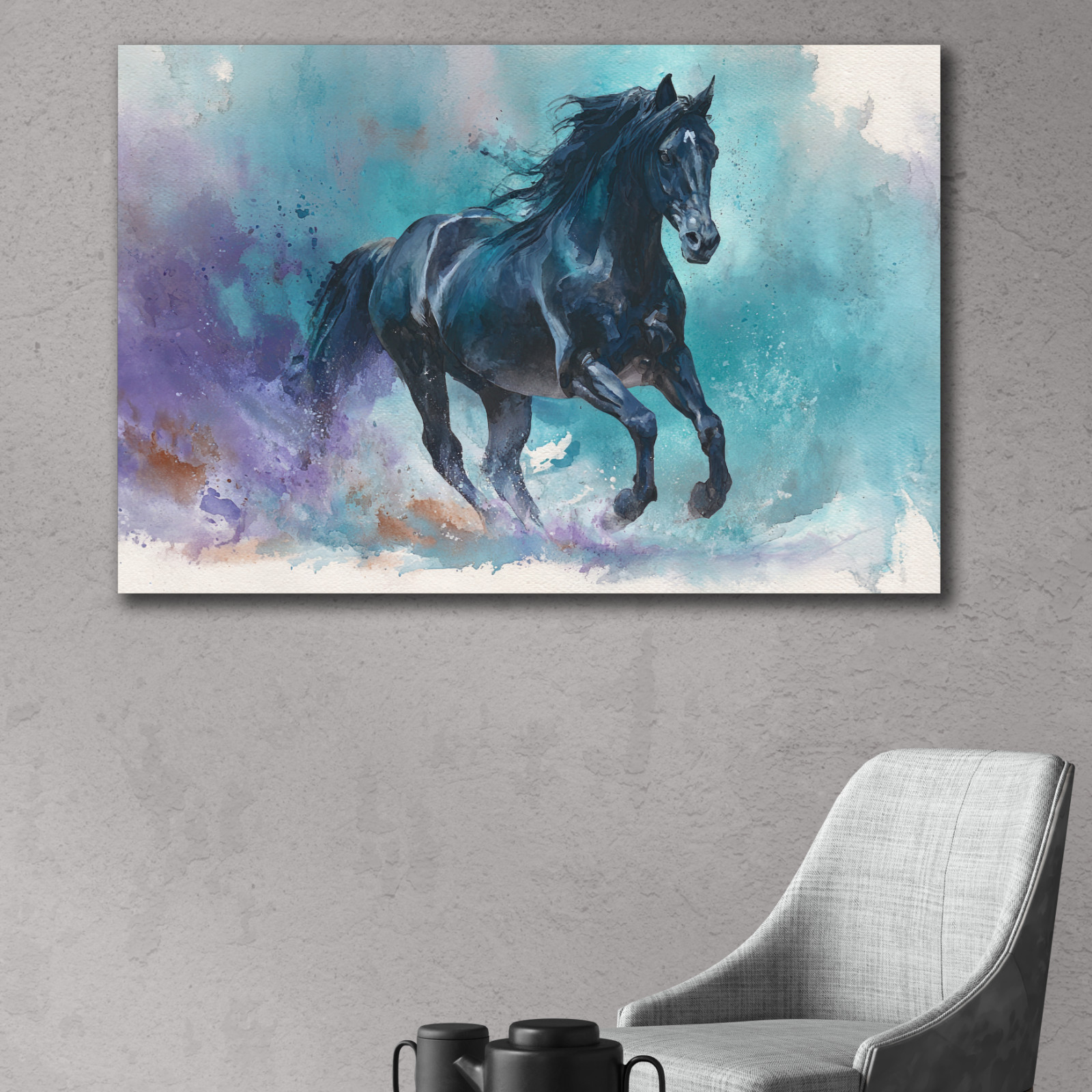 Black Horse Wall Art, Running Stallion Watercolor Painting, Colorful Equestrian
