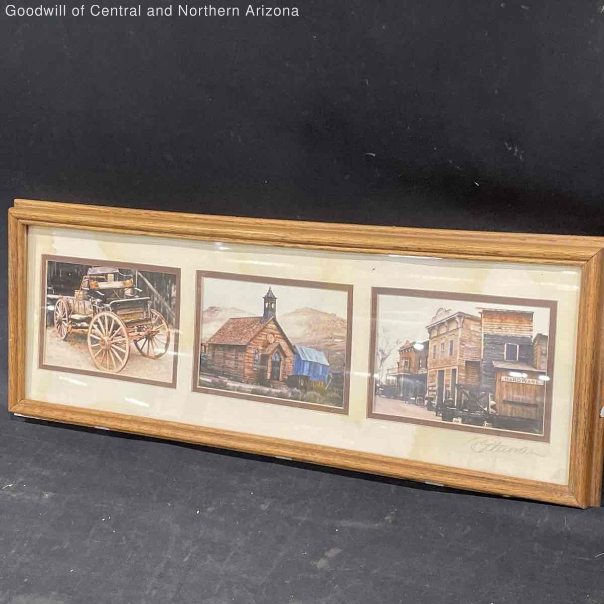 Framed Matted Three Panel Collage Western Frontier Photos Signed By Artist
