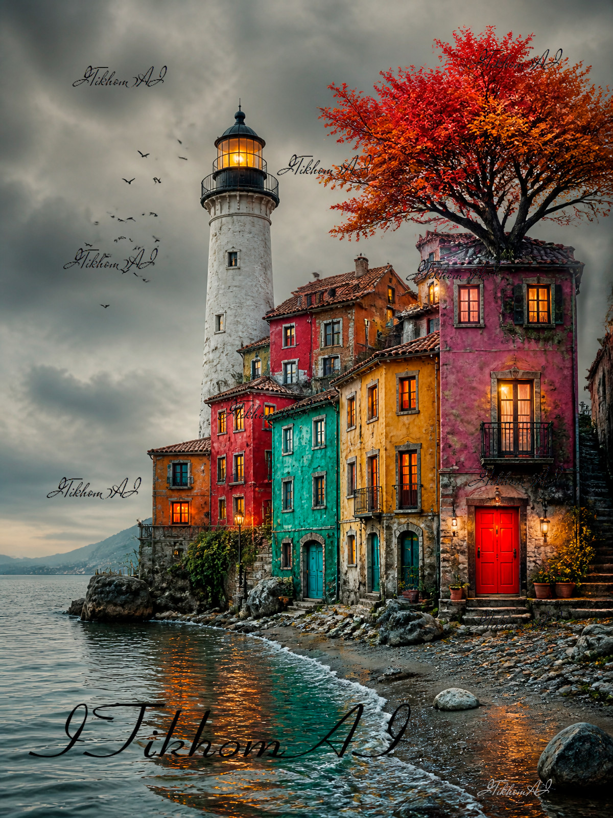 Digital Art Illustrathion Houses Trees Lighthouse Sea Sunset Wallpaper Desktop