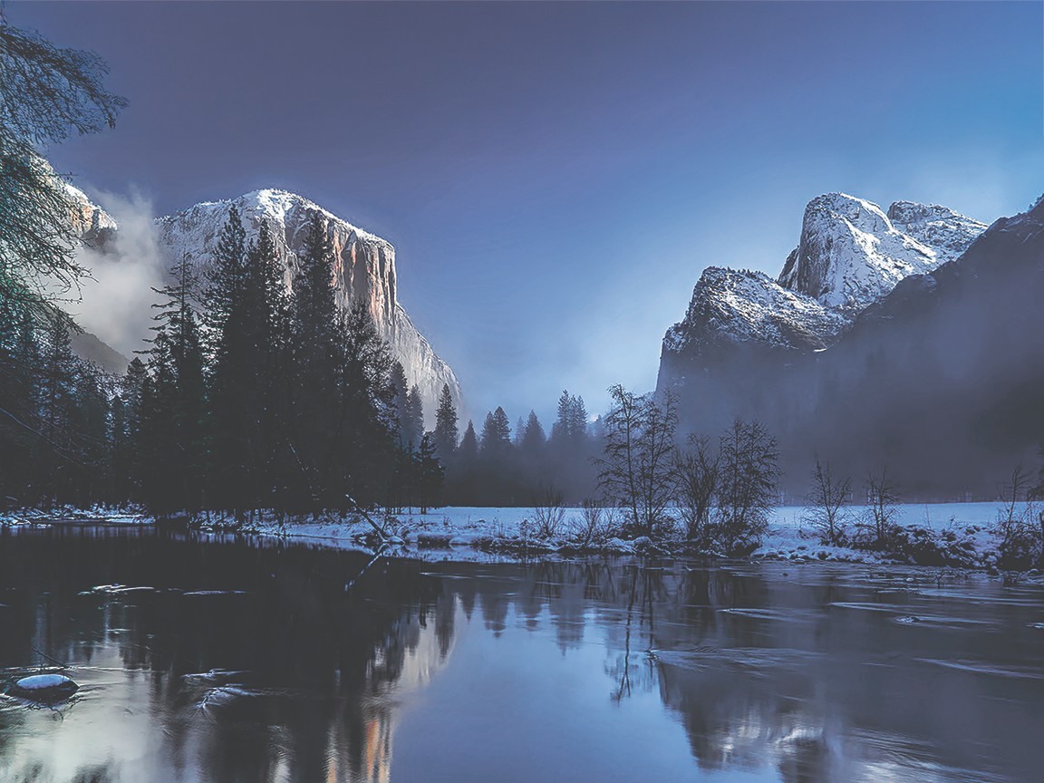 Yosemite Valley from the Merced River View in Winter Snow