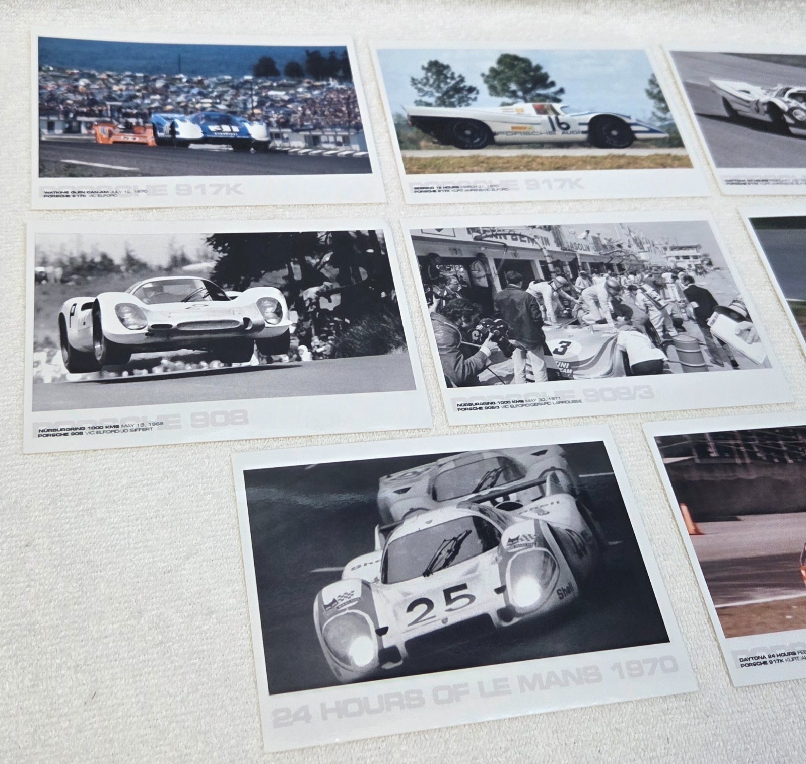 Eight 4 x 6 in Porsche-racing photos of Vic Elford, Gerard Larrousse, K. Ahrens