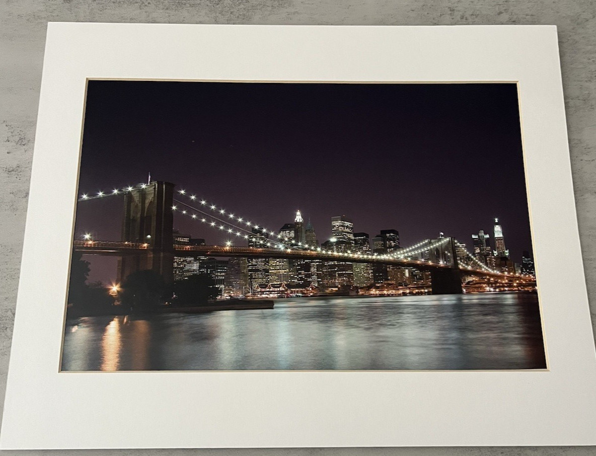 Brooklyn Bridge Night Cityscape Landscape Matted Color Photograph