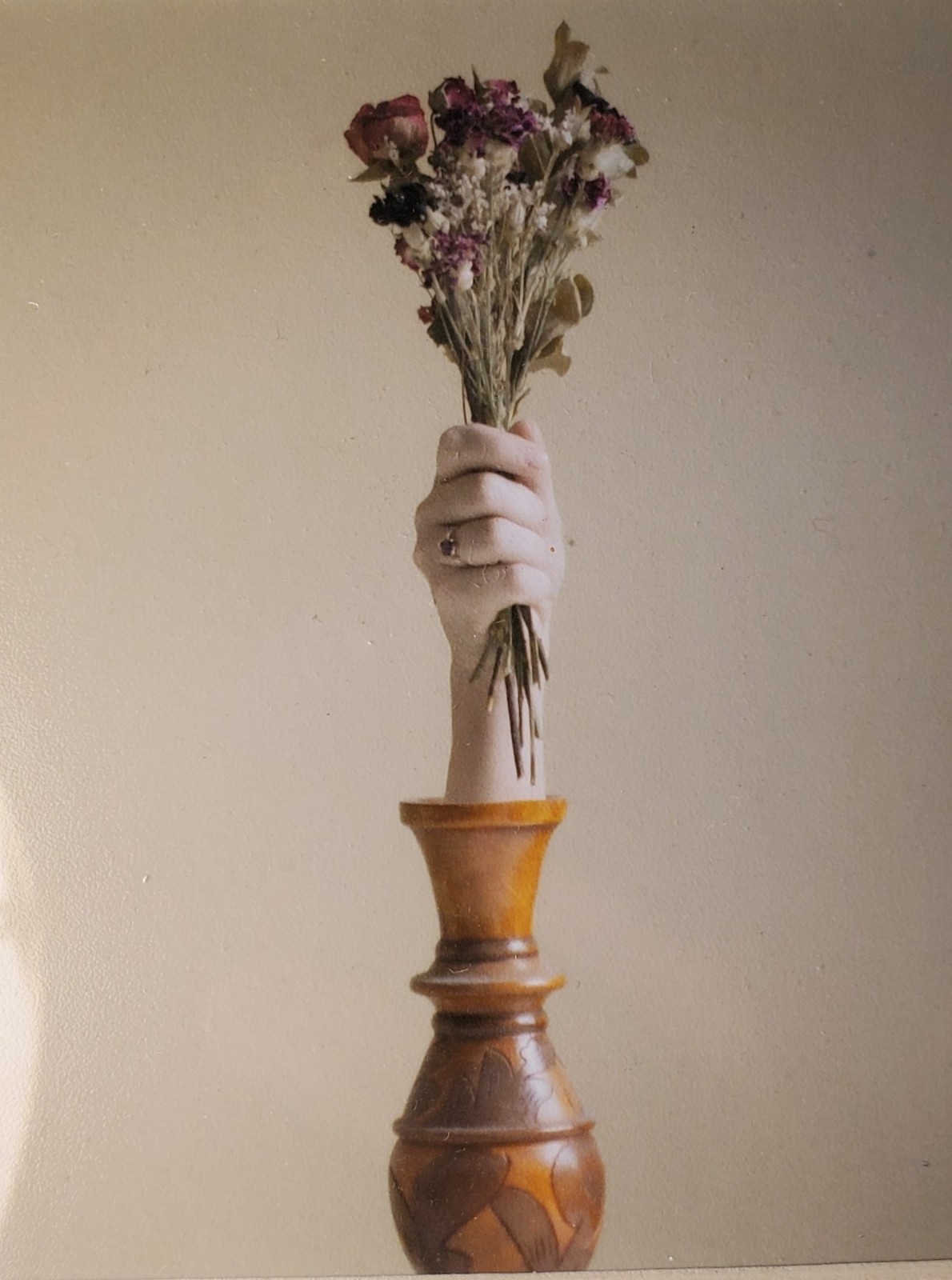 Framed, matted photo, hand coming out of a vase & holding flowers, Free Shipping