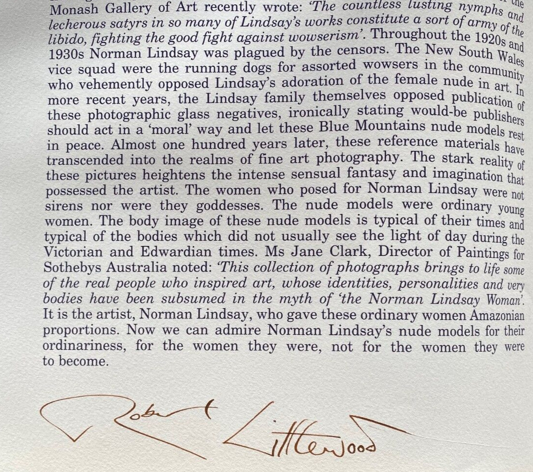 2000 1st SIGNED, THE PHOTOGRAPHS PROSPECTUS Norman Lindsay w 2 ORIGINAL PHOTOS