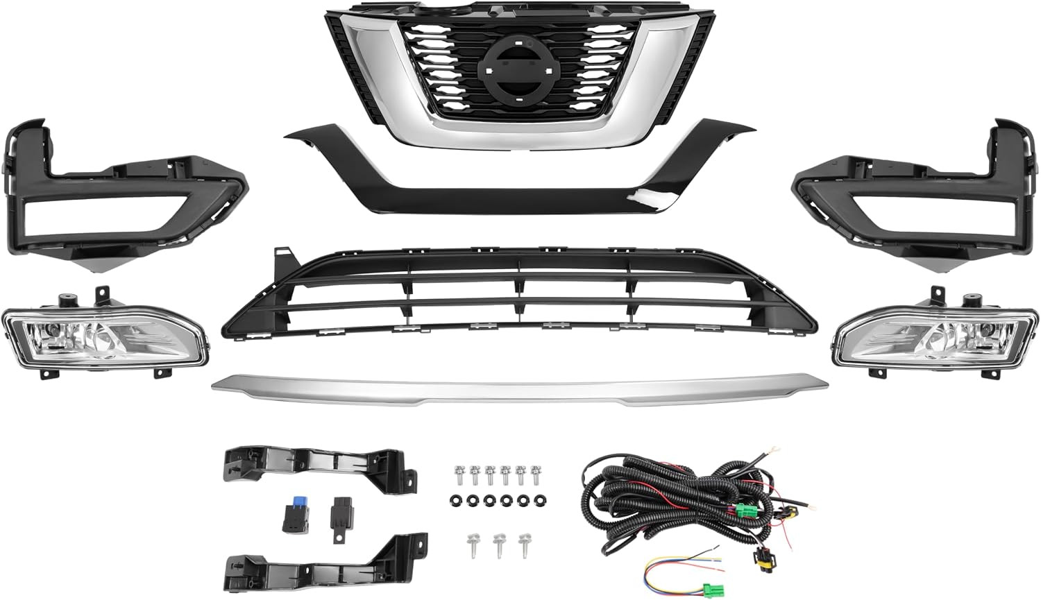 Front Upper + Lower Grille + Fog Light Kit Compatible with 2017-2020 Nissan Rogu