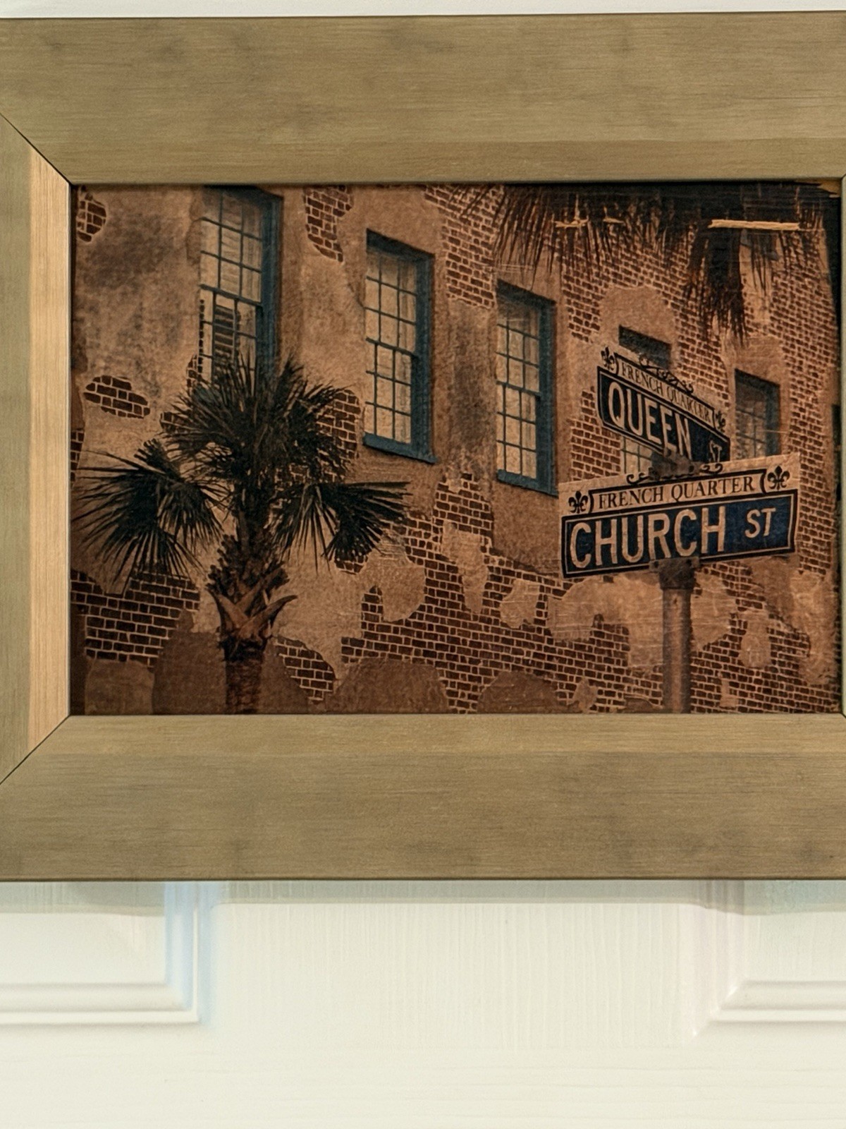 Charleston SC French Quarter Queen & Church St Sepia Photo Custom Framed Art EUC