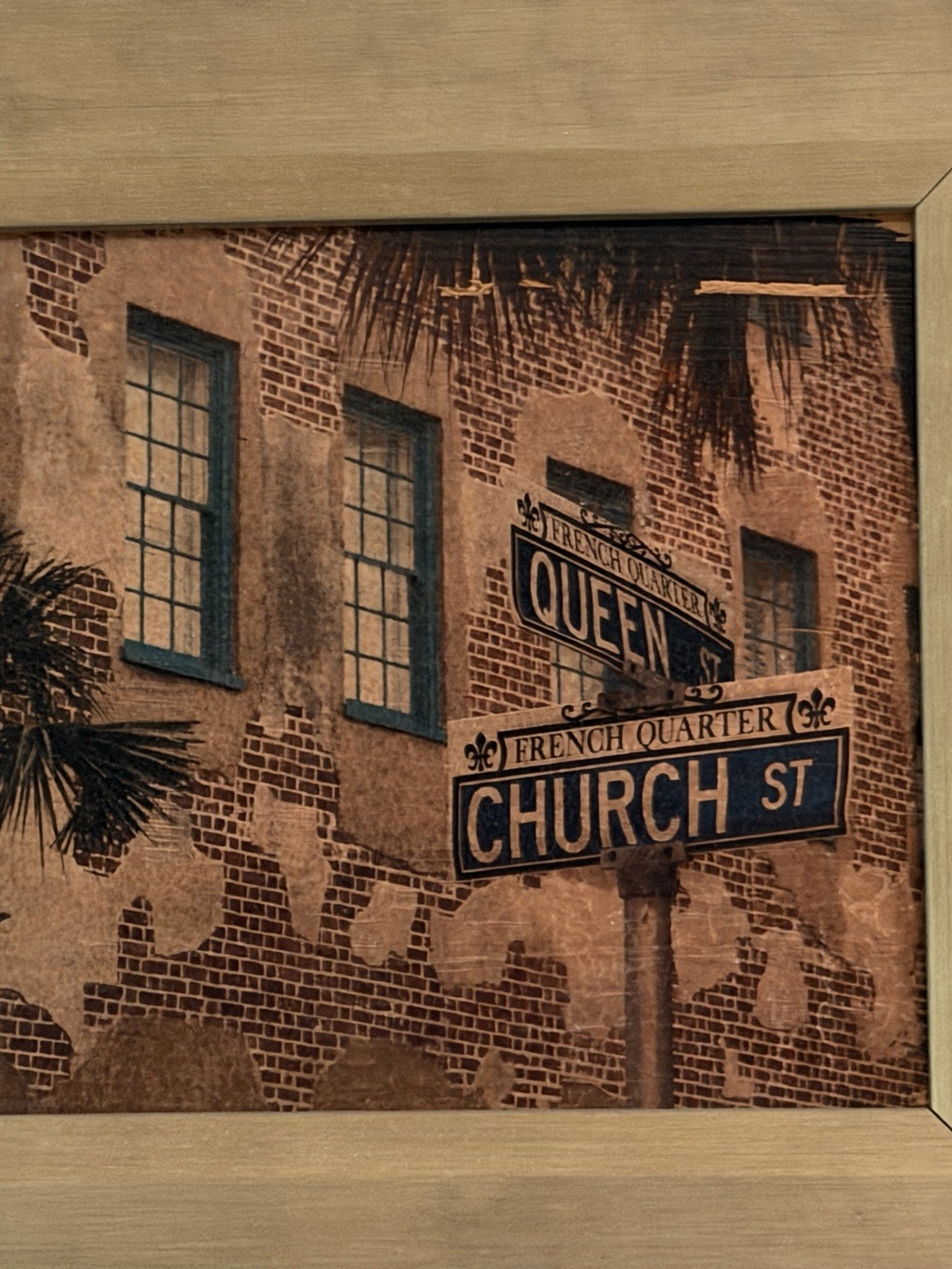Charleston SC French Quarter Queen & Church St Sepia Photo Custom Framed Art EUC
