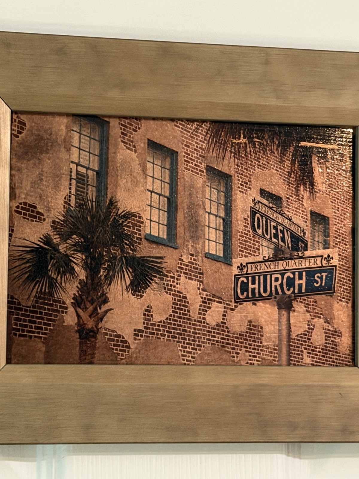 Charleston SC French Quarter Queen & Church St Sepia Photo Custom Framed Art EUC