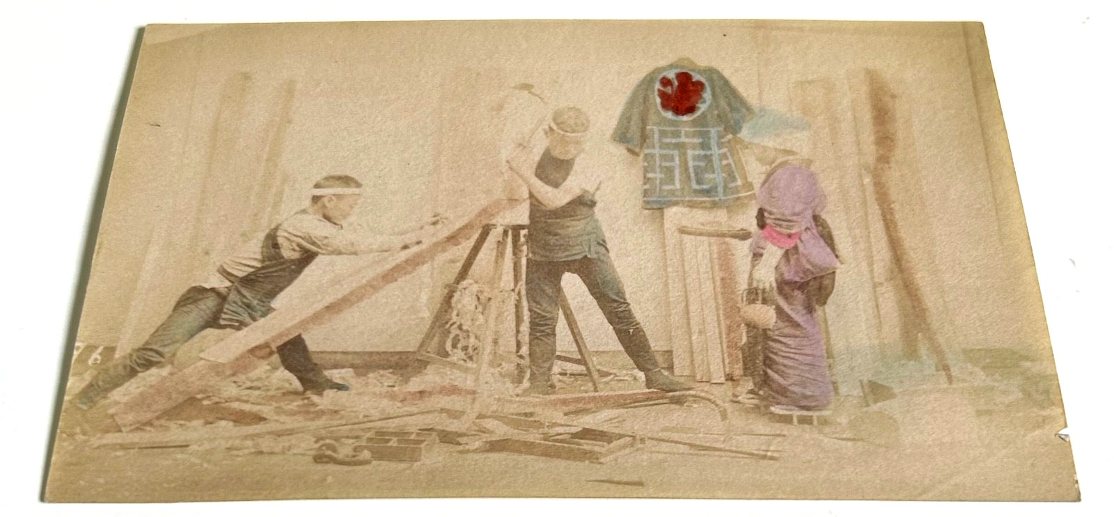 Antique Japanese Hand Colored Album Photo 3x Daily Life Scenes Meiji Era c1880