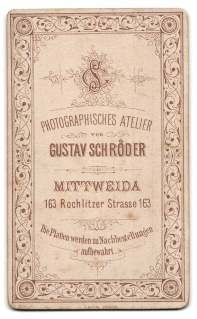 Photograph Gustav Schröder, Mittweida, Rochlitzer Str. 163, monogram of the photo