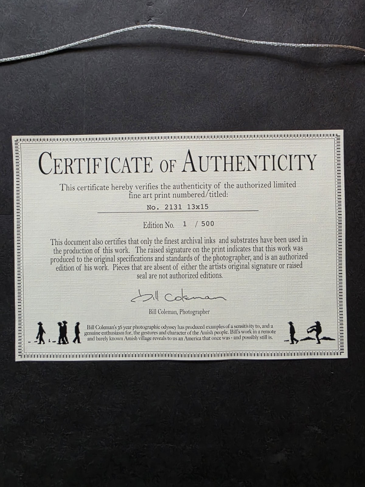 Bill Coleman Amish Photography Framed w/ Authenticity Certificates Set Of 3
