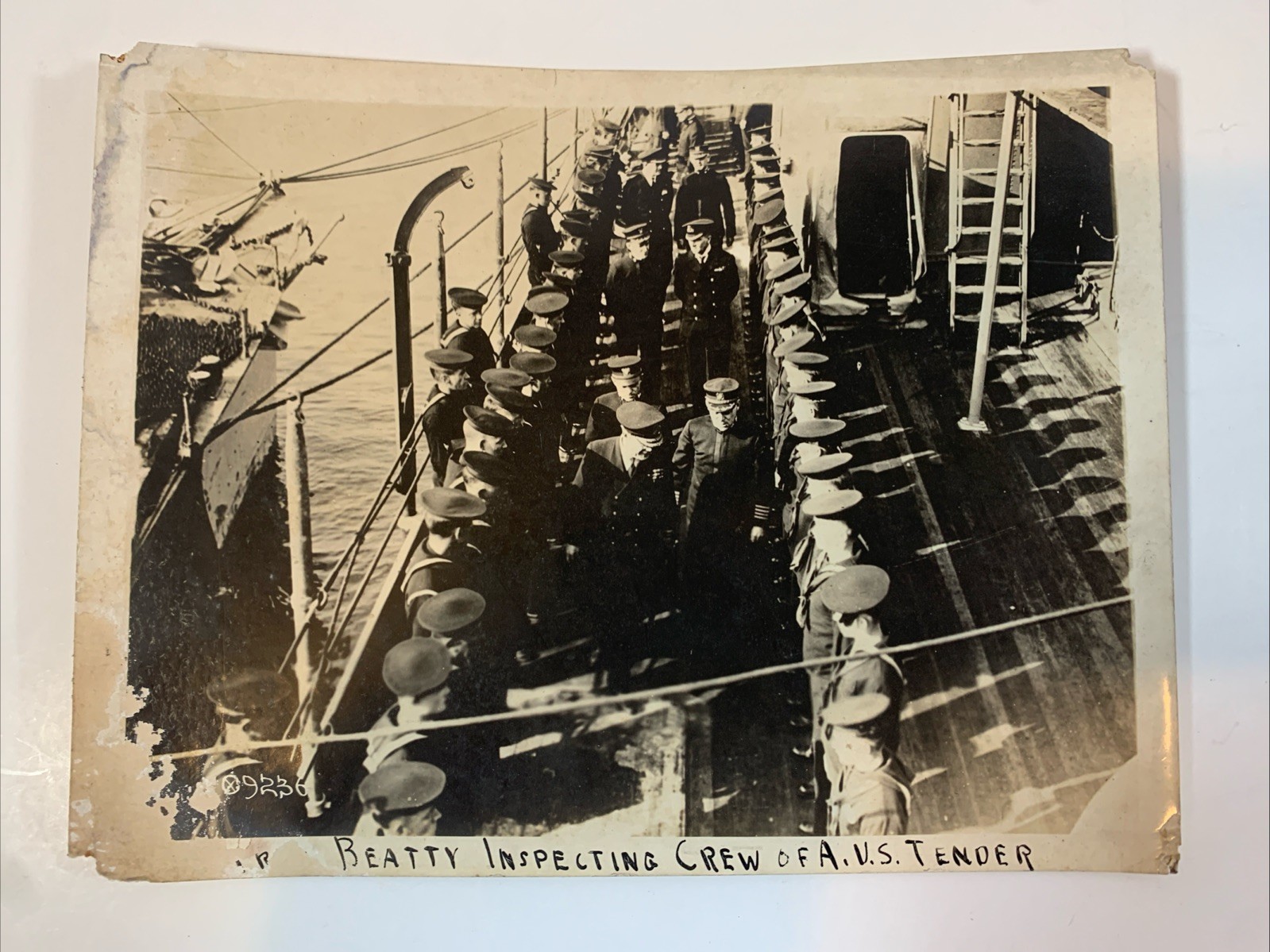 Real 8.5” x 6.5” Photo WW1 “Beatty Inspecting Crew Of A.V.S. Tender 1918