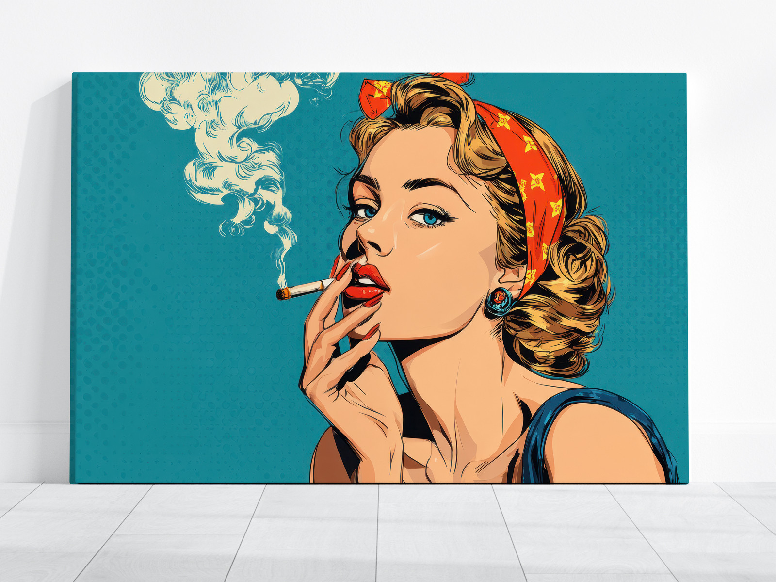Retro Pop Art Woman Smoking, Vintage Comic Print, Stylish Red Lipstick Painting