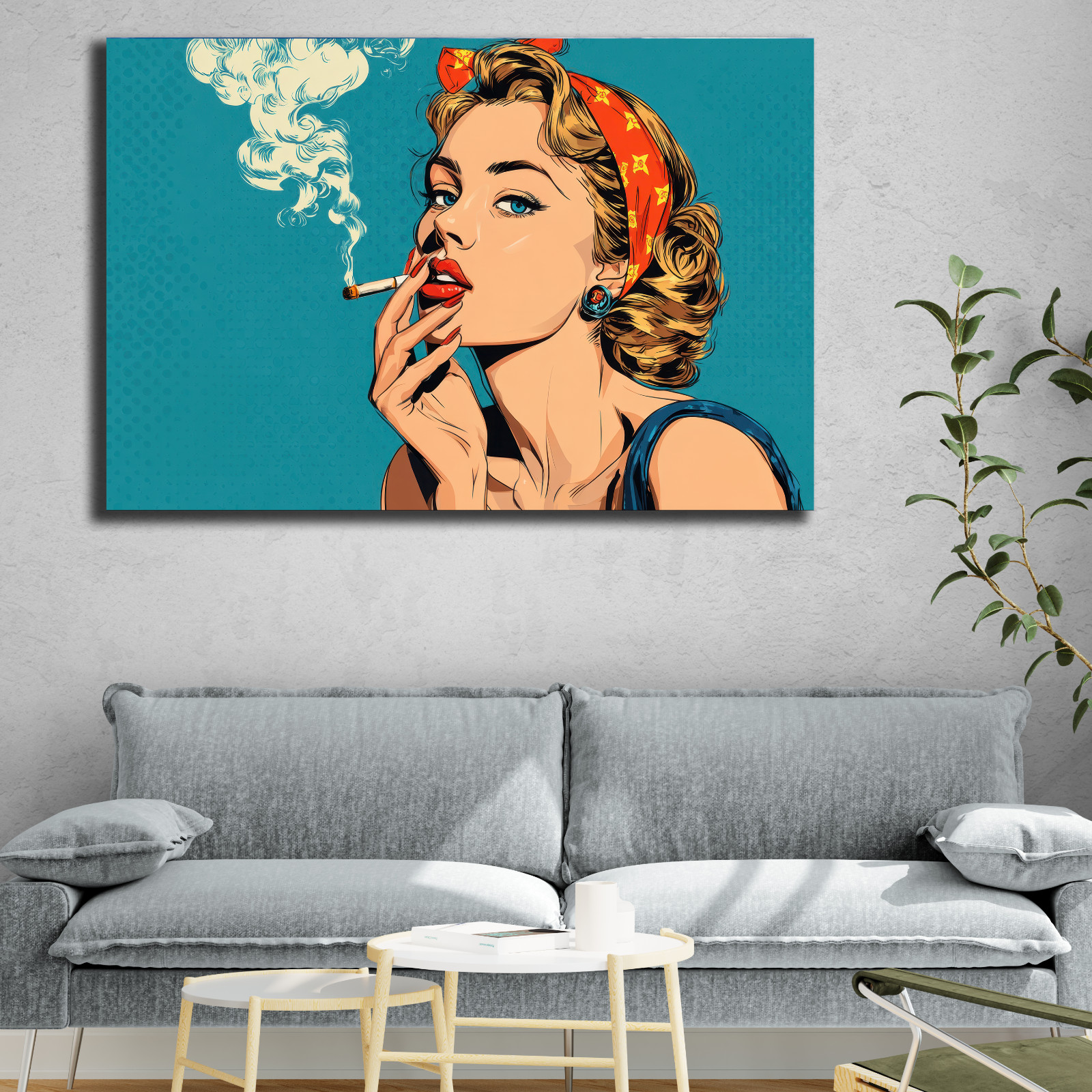 Retro Pop Art Woman Smoking, Vintage Comic Print, Stylish Red Lipstick Painting