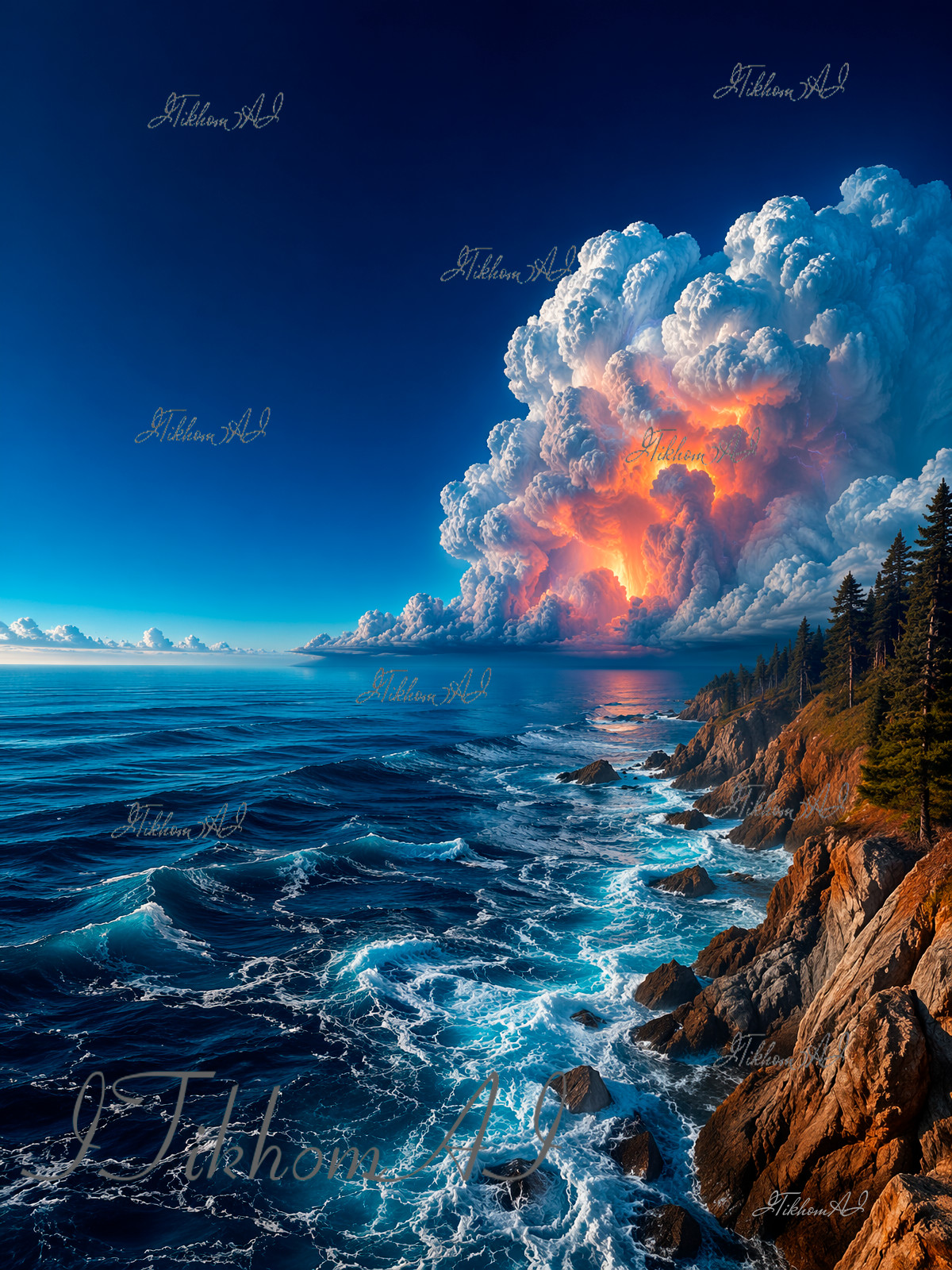Digital Art Picture Seascape Clouds Sea Rocks Trees Storm Background Wallpaper