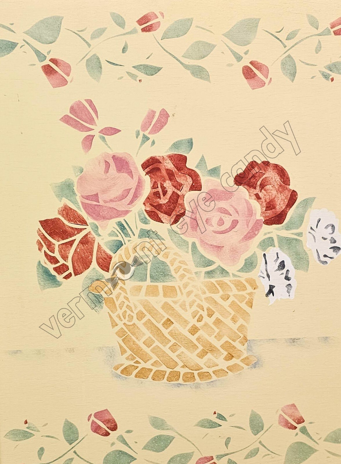 Pink & Red Roses in Basket Stenciled Art DIGITAL DOWNLOAD Print at Home Farmhous
