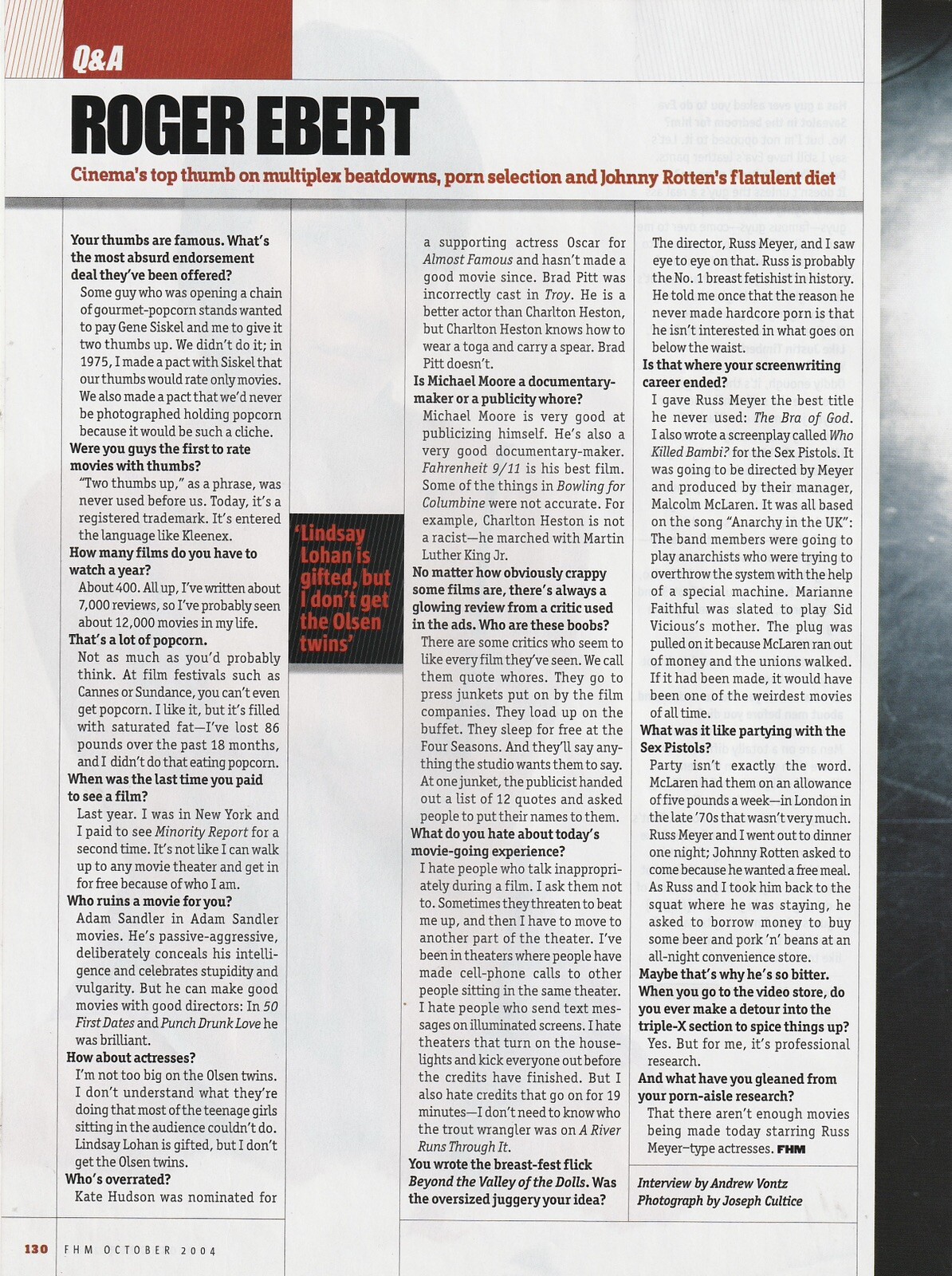 Vintage 2004 Roger Ebert 2-Page Original Pictorial/Interview 21x27cm FHM 10