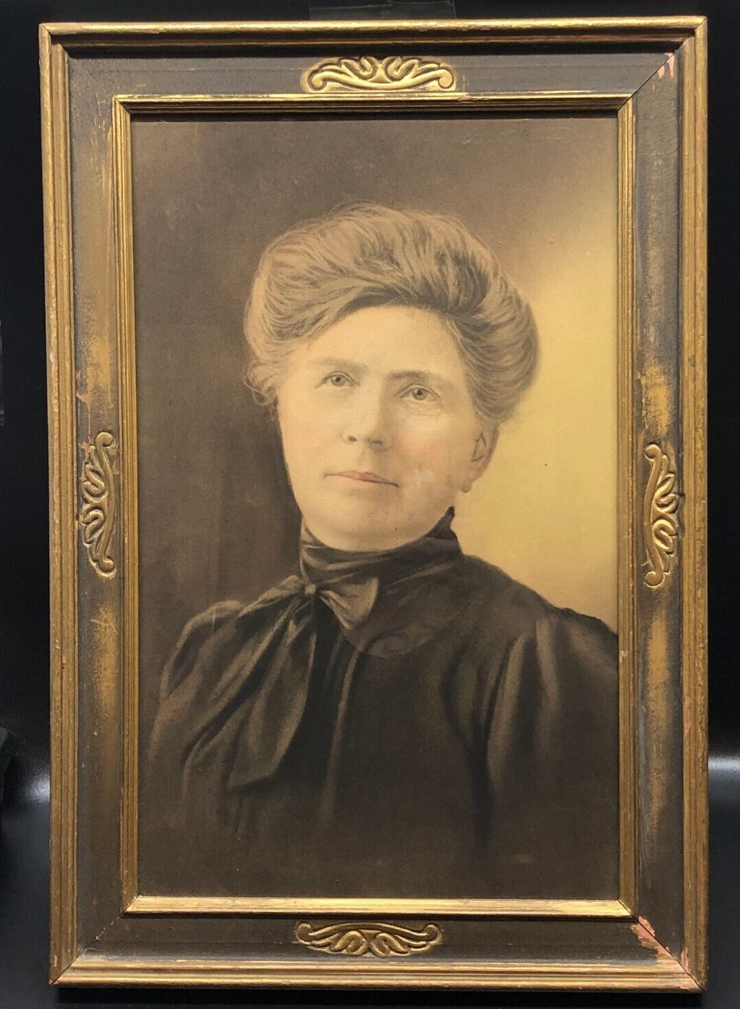 Antique Victorian Woman in Black Sepia Portrait Painted Gold Wood Frame 19 x 13