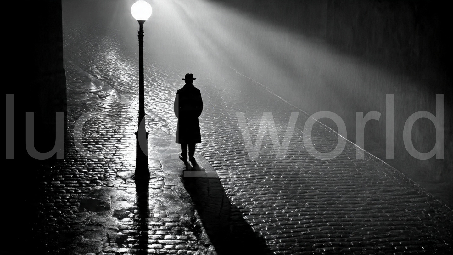 Night Street Lamp Post Man Cobblestone Rain B&W Ai Art Digital Download PNG File