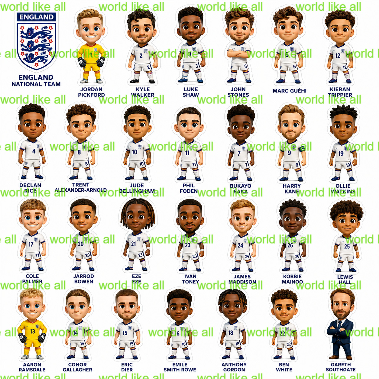 England Football Stickers Sheet Kids Adults | Cute 3D Cartoon Digital Download