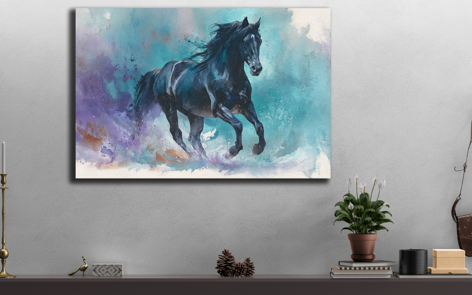 Black Horse Wall Art, Running Stallion Watercolor Painting, Colorful Equestrian
