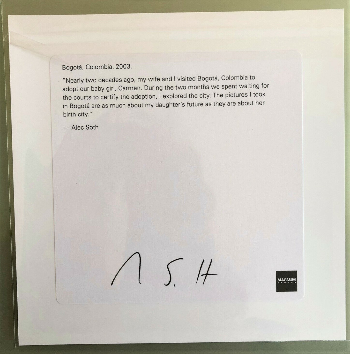 ALEC SOTH ‘Bogota, Columbia’ 2003/2021 SIGNED Ltd. Edition Photograph 6″x6″ NEW!