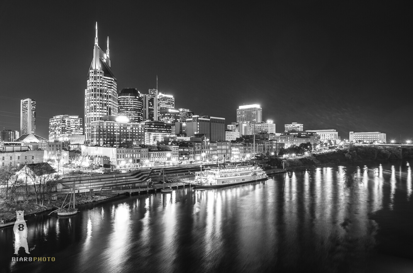 Downtown Nashville Skyline at Night – Black and White Photography Prints