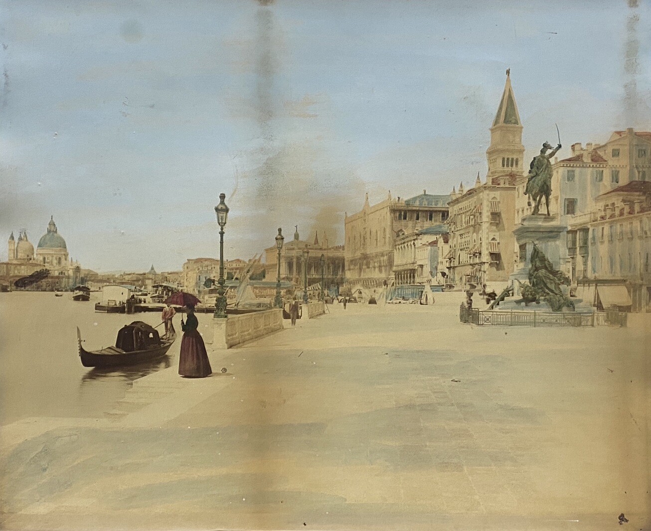 Large Hand Colored Antique Photograph Gondola Grand Canal Venice Italy Scene
