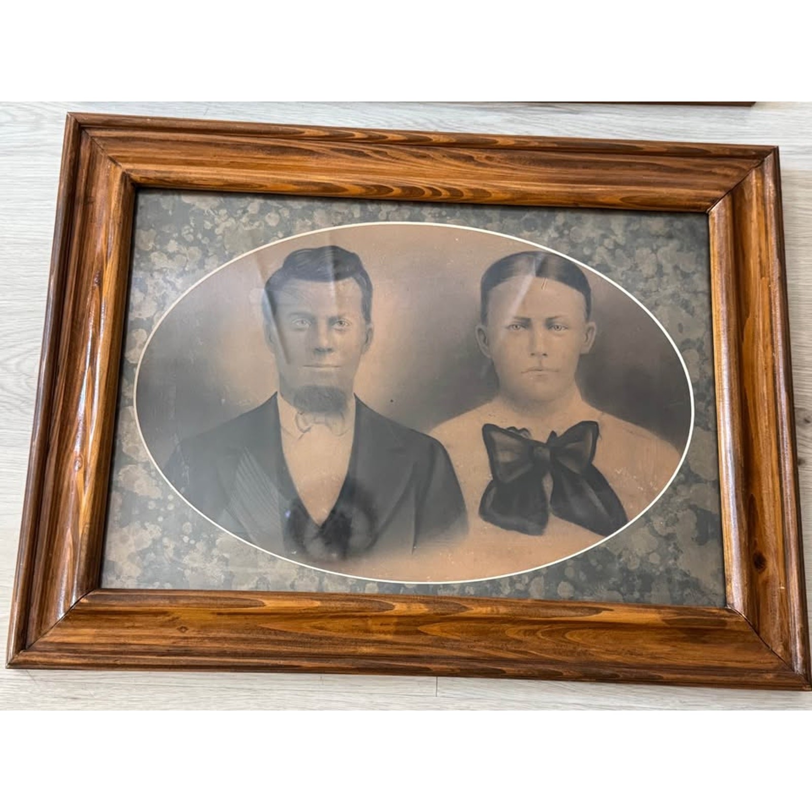 Large Pair of Antique Late 19th Century Wood Framed Family Portraits Wall Decor