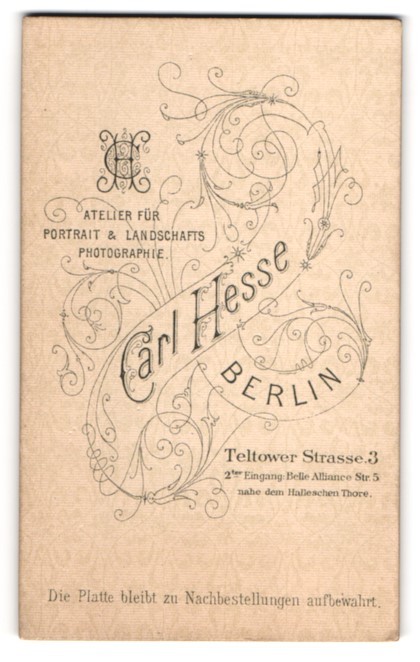 Photograph Carl Hesse, Berlin, Teltower-Str. 3, monogram of the photographer with ve