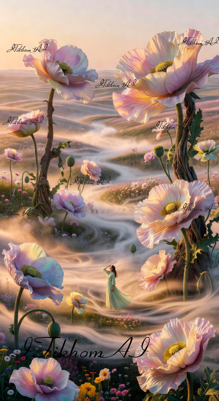 Digital Art Picteres Landscape Flowers Poppies Fog Fantasy Wallpaper Desktop