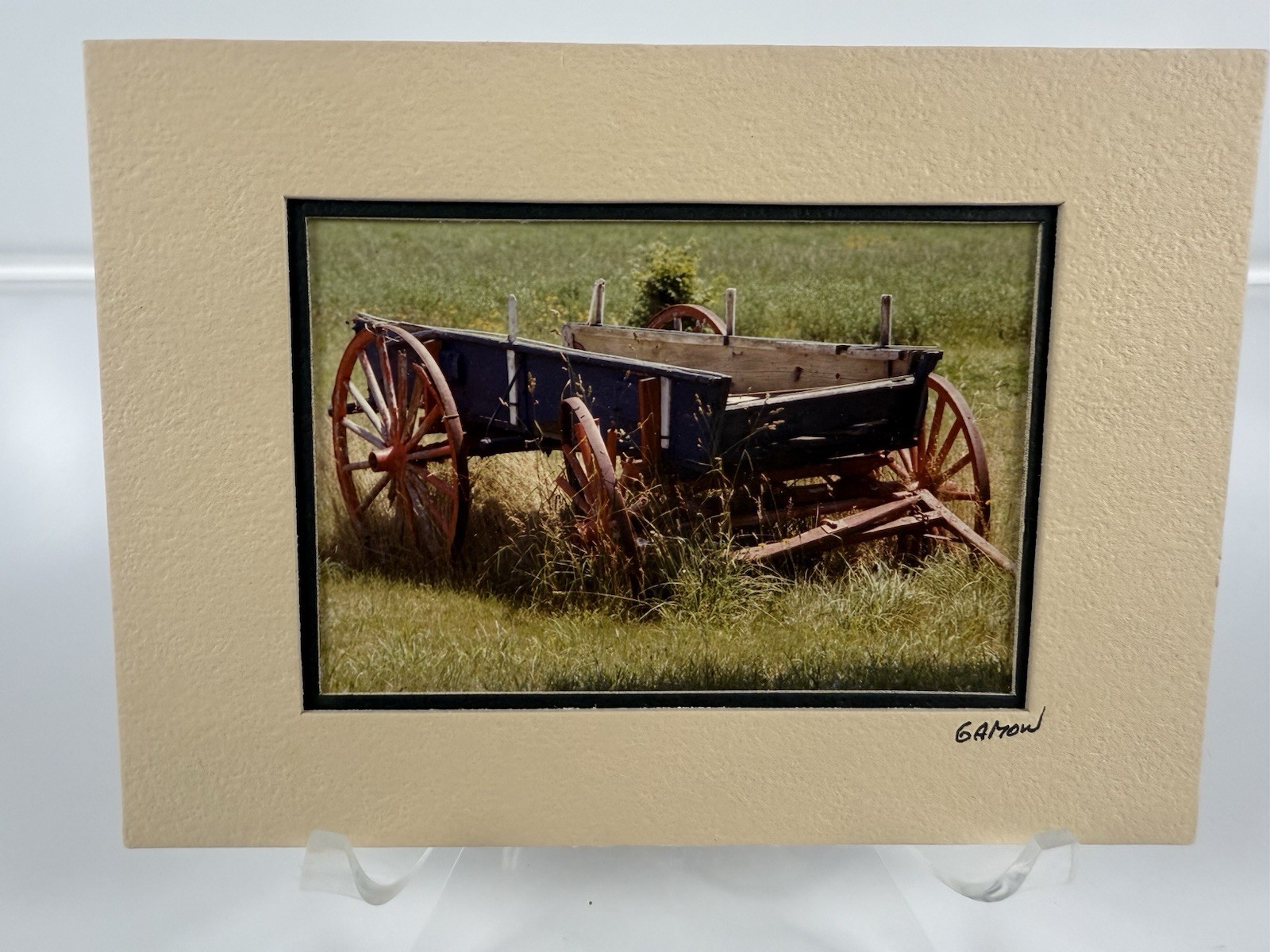 Gamow signed Hay Wagon Wheel Farm Cart in Field Photography Art 5″ x 7″ Mated