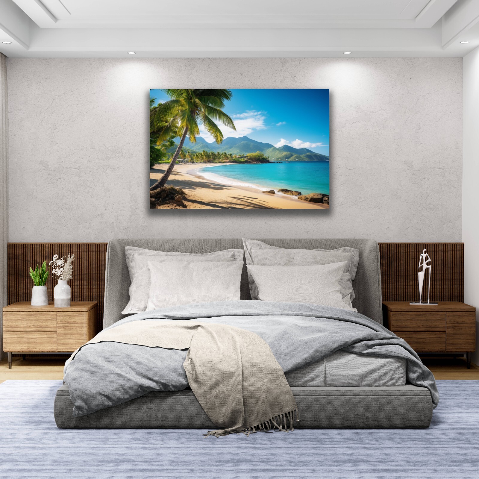 Tropical Beach Painting, Beach Paradise Art Palm Trees Mountain Landscape Island