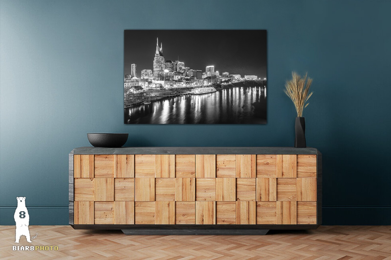 Downtown Nashville Skyline at Night – Black and White Photography Prints