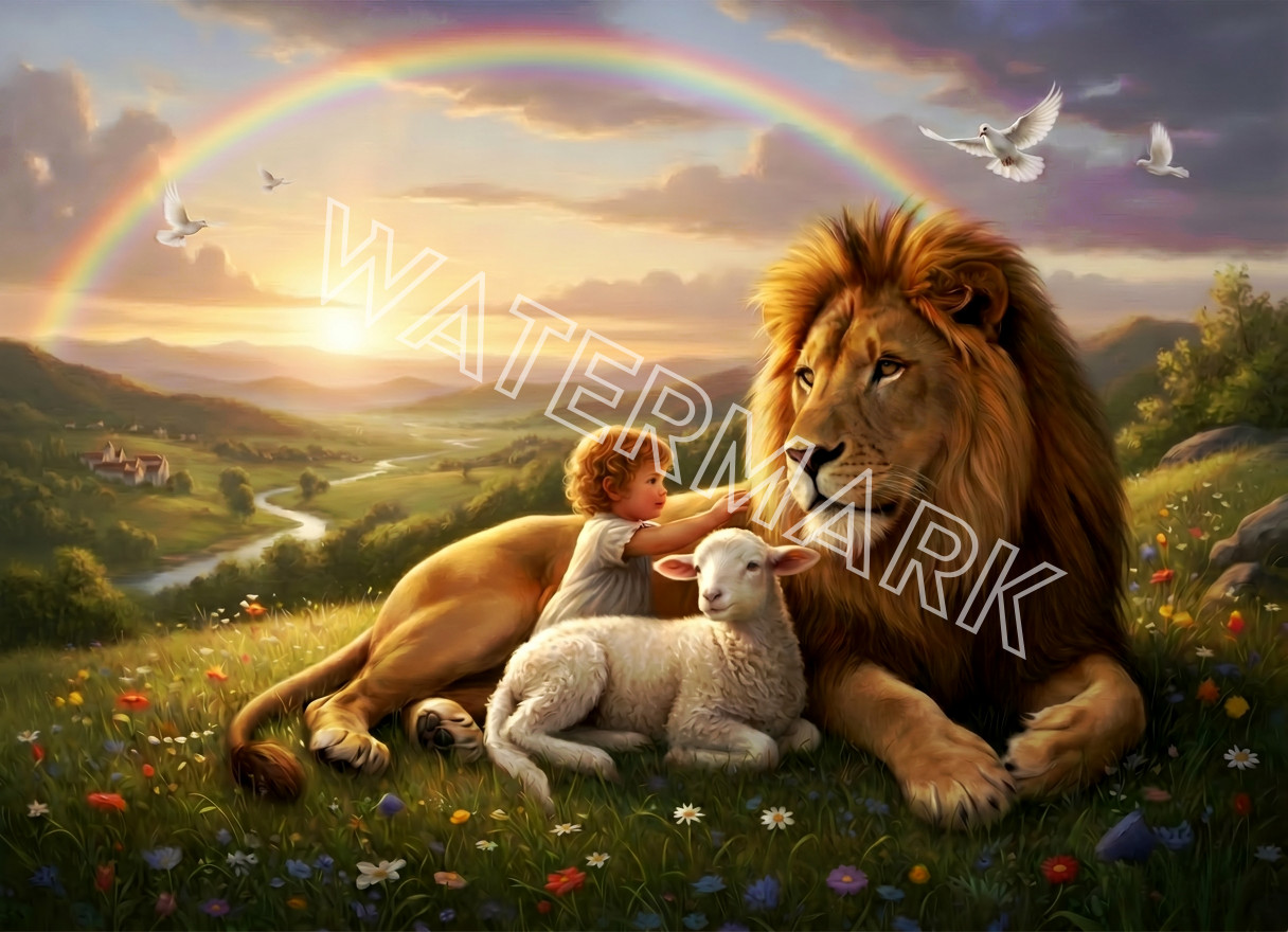 Premium Lion and Lamb and Child Artwork Digital Picture Photo