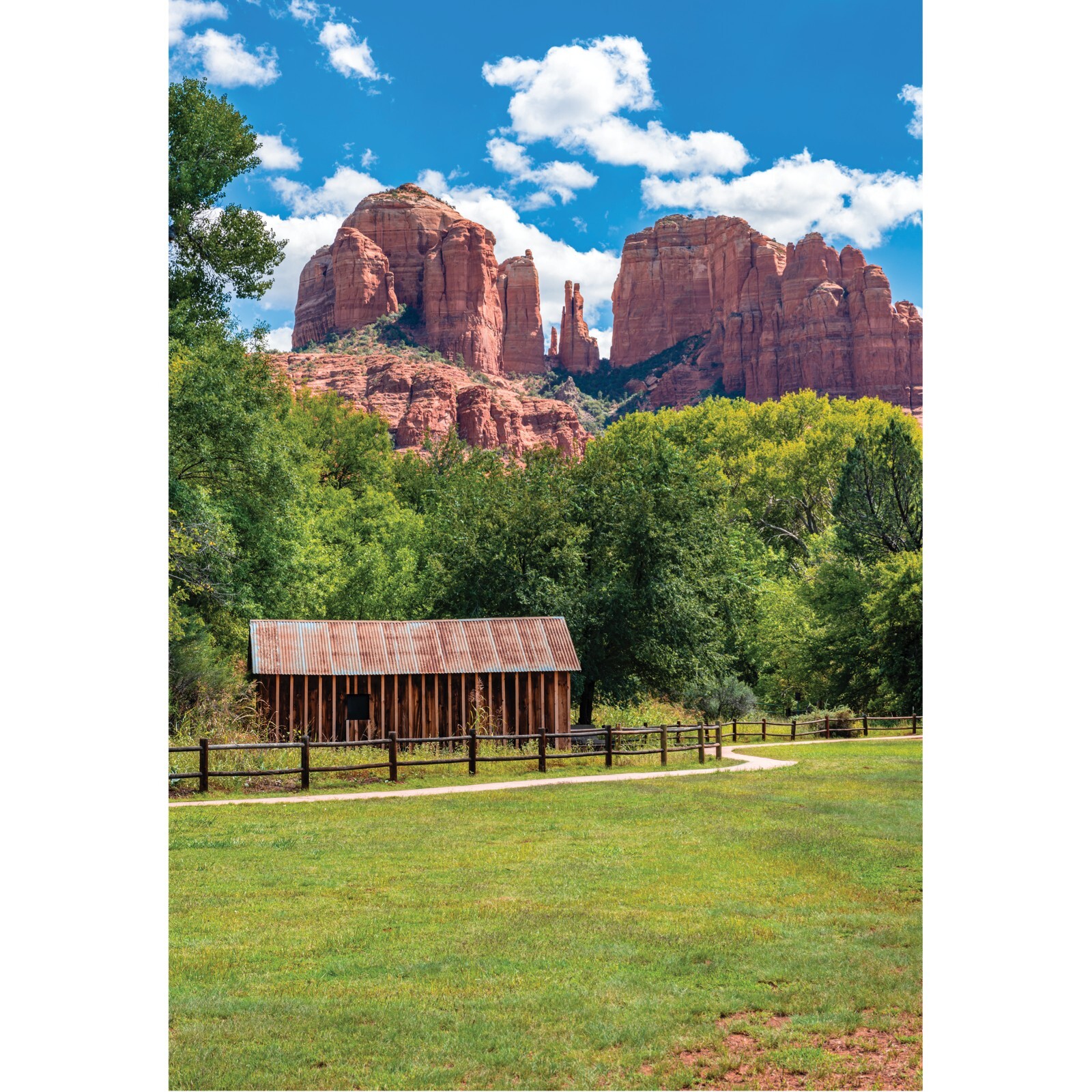 Cathedral Rock, Sedona Arizona Landscape Photo, Water Wheel and Barn, AZ Print