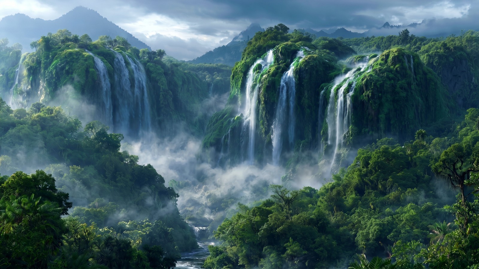 Background Digital Wallpaper Nature Picture Screen Image Waterfall Forest sky 4K