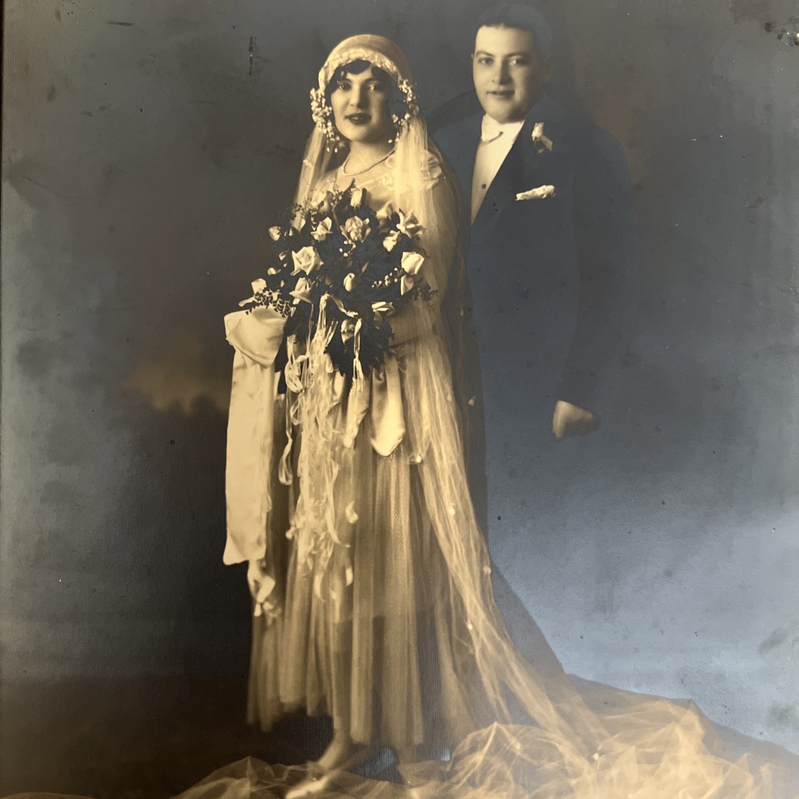 Large Vintage Wedding Photo in Original Studio Mount 1930s-1940s DiMarco Studio